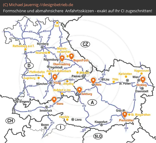 Anfahrtsskizzen erstellen / Anfahrtsskizze Bayern, Österreich, Südtirol Regionenkarte   Tschann Nutzfahrzeuge GmbH (775)